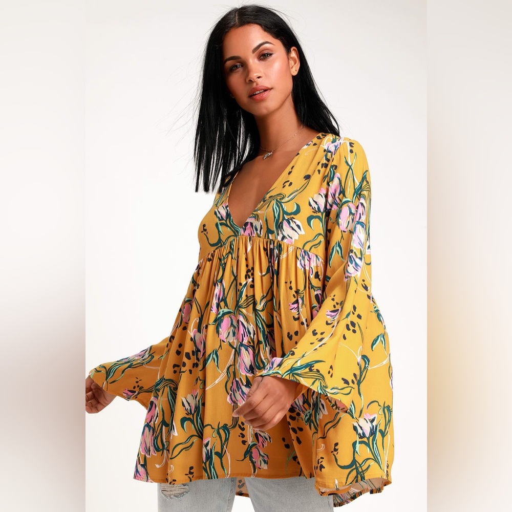 Free People Bella Golden Yellow Floral Print Spring Tunic Blouse XS